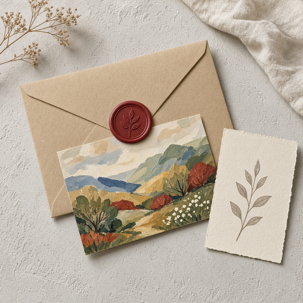 Art Mail: a kraft envelope with a red wax seal and a gouache landscape print