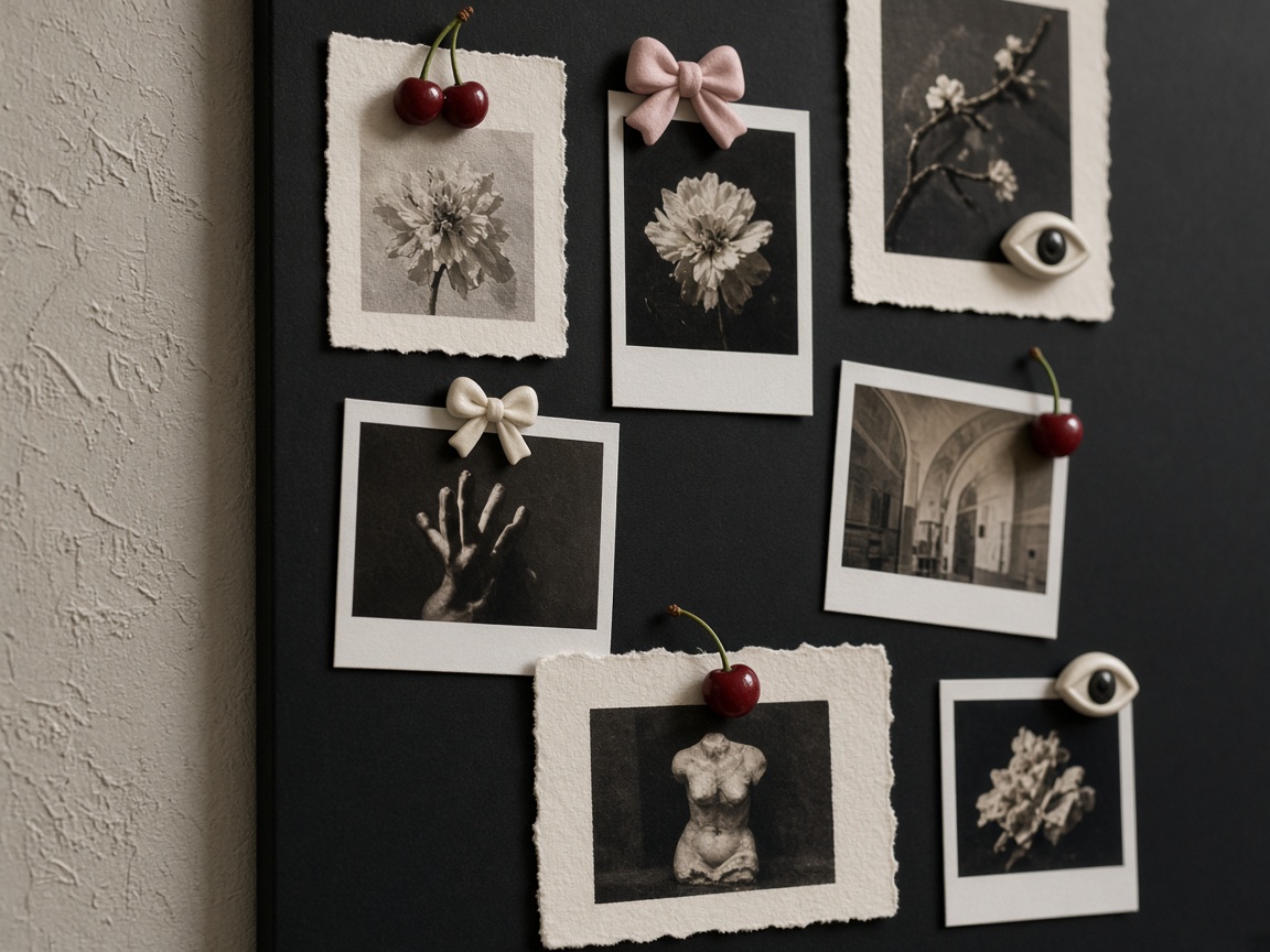 An Ink board covered in torn-edge photographs held by cherry, bow and eye charms