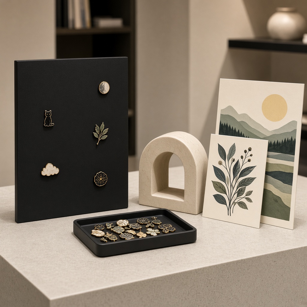 The Stack: an Ink board, a tray of charms and two prints on a stone table